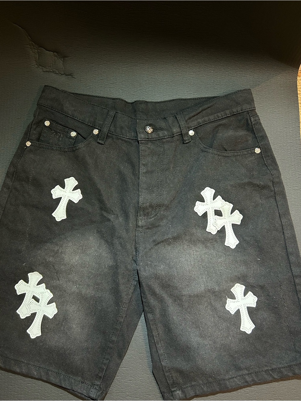 Chrome Hearts Black Denim Shorts with White Crosses
